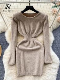 Casual Dresses SINGREINY Hollow Out Slim Sexy Knitted Dress Ladies O Neck Long Sleeves Solid Sheath Warm Sweater Short