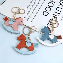 Key Rings New Trendy Designer PU Leather RockHorse Keychain Pony Horse Pendant Decoration For Ladies Bag KeyrCharm Accessories J240108