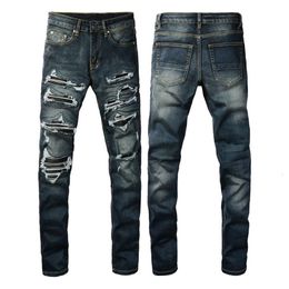 Mens Designer Pants Purple Jeans Amris 1320 Trendy High Street Jeans with Distressed Patches Patched Leather and Slim Fit Jeans
