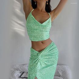 Work Dresses Sexy Sequined Dress Set Bodycon Club Party Women Outfits Autumn Bandage Backless Crop Top Skirts Maxi Split Two Piece 2024