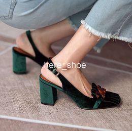 2024 Green Slingbacks Lady Dress Shoes Fashion Designer Fringe Velvet High chunky heel Women Pumps