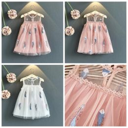Feather embroidered baby girls sleeveless skirts white and pink color girl pricess dress kids summer boutiques clothes designer dress ZZ