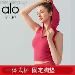 Desginer Aloyoga Al Tank Aloos Spring/summer V-neck Hooded Ribbed Tank Top Women's Slim Fit Short Fixed Cup Solid Colour Sleeveless Fitness Top