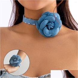 Chokers Choker Gorgeous Blue Denim Strip With Big Flower Necklace For Women Trendy Fashion On Neck Accessories Ladies Girls Jewelry Gi Otesm