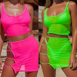 Work Dresses Fashion Women Crop Tee Skirt Set Female Beach Holiday Solid Neon Green Tank Top And Step Skirts Hollow Out Sexy Beachwear