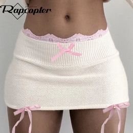 Rapcopter y2k Lace Knitted Mini Skirts Women Bow Fairycore Balletcore Pencil Skirts Chic Slim Korean Summer Bottom Harajuku 240108