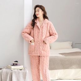 Women's Sleepwear Est Winter Three-layer Clip Cotton Pyjamas Set Women Warm Home Clothing Turn-down Collar Pyjamas