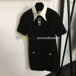 Short Sleeve Dress Shiny Crystal Button Dresses Luxury Lapel Neck Dress Spring Summer Black Dresses