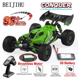 1 14 95KMH Brushless RC Car Professional 4WD Electric High Speed OffRoad Remote Control Drift Toys for Kids VS WLtoys 144010 240106