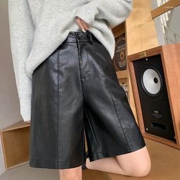 Women's Shorts 2024 Water Washed PU Leather Pants High Waisted Wide Leg Pentagonal Loose And Slimming Boots Straight