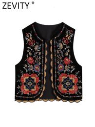 Zevity Women Vintage Sequins Flower Embroidery Vest Jacket Ladies National Style Patchwork Casual Velvet WaistCoat Tops CT2978 240108