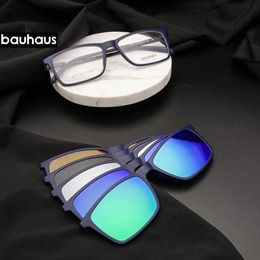 Sunglasses Bauhaus Polarized Sunglasses Men 5 in 1 Magnetic Clip on Glasses Ultem Optical Prescription Eyewear Frames Eyeglass