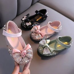 Children Leather Shoes Rhinestone Bow Princess Girls Party Dance Shoes Baby Student Flats Kids Performance Shoes D785 240108