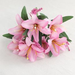 Decorative Flowers 7 Heads Mini Lily Bouquet Fake Flower Silk Artificial Pink Room Decor Flores Artificiales Decoration Wreath