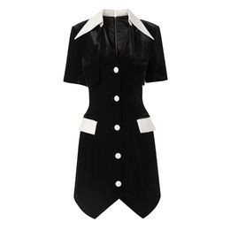 10063 XL 2024 Milan Runway Dress SPring Lapel Neck Short Sleeve Mid Calf Black Brand Same Style Womens Dress Fashion High Quality oushali