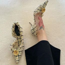 Dress Shoes Pointed Toe Colour Matching Gold Button High Heels Metal Stiletto Banquet Retro Commuter Pumps French Style Women Zapato