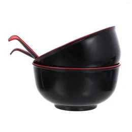 Dinnerware Sets 1 Set Of Practical Soup Ramen Salad Bowls Household With Spoons (Black Red)