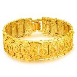 HOYON 24k pure gold Color Watch Bracelet For Men Dragon pattern Charms Bangles Male Gentleman Chain Wedding 999 Fine Jewelry 240106