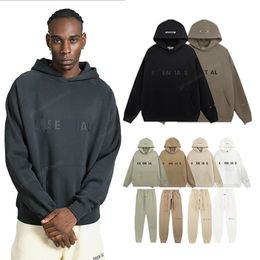 American Tide ESS Men's Flocked Letters Loose Padded and Thickened Pants Men and Women Hooded Sweater Repeat Line American Loose Couple's Suit