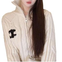 Celinnes Sweater Designer Fashion Women's Embroidery Zipper Sweater Coat High Collar Autumn Winter Fried Dough Twists New Long Sleeve Knitted Cardigan