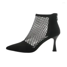 Sandals Mesh Thin Heel Women's Spring And Summer Pointed Back Zipper Hollow Lace Ankle Boots 7cm High Heels Shoes