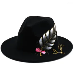 Berets Wide Brim Black Top Hat Hand-painted Painted Leaves Flat Tweed Autumn Winter Ladies Jazz Couple Woolen