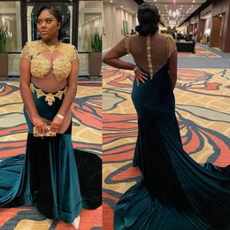 Hunter Green Velvet Prom Dresses Plus Size Illusion Sexy Mermaid Lace Formal Evening Occasion Gowns For African Black Women Birthday Party Dress Engagement NL420