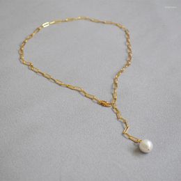 Pendant Necklaces Slender Buckle Chain Freshwater Baroque Small Pearl Simple And Cold Temperament Versatile Necklace Y-shaped