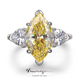 Vinregem 925 Sterling Silver Marquise Cut 6CT Yellow Sapphire Created Wedding Engagement Rings Fine Jewellery Wholesale 240106