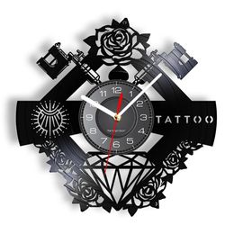 Tattoo Studio Sign Tattoo Custom Name Silent Vinyl Record Wall Clcok Tattoo Shop Tattoo Machine Wall Decor Hipster Men Gift 240106