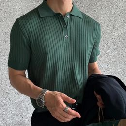 Men's Polos Casual Solid Colour Ribbed T Shirts Men Fashion Slim Buttoned Lapel Polo Shirt Short Sleeve Clothes Summer Mens Streetwear