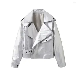 Women's Jackets Women Fashion Loose Silver Leather Jacket Coat Vintage Lapel Long Sleeve Pocket All-match Casual Outerwear Chic Tops