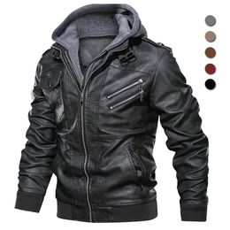 Oblique Zipper Motorcycle Leather Jacket Men Brand Military Hooded PU Leather Jackets Autumn Coat Plus Size S-5XL Drop 240106