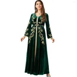 Ethnic Clothing Zigui Muslim Party Dress Women Saudi Arabia Luxury Dubai Kaftan Abaya Leaf Embroidery Wedding Evening Dark Green Velvet