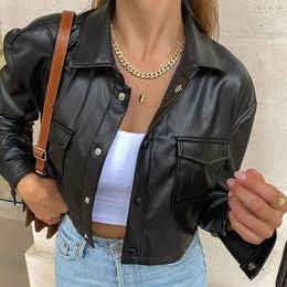 Women Crop Tops Leather Jacket Solid Colour BlackWhite Long Sleeve Button Open Front Lapel Coat with Pockets Streetwear 240108