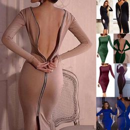 Casual Dresses Fashion Women Solid Long Sleeve Sexy Back Zipper Tight Vintage Dress Loose Plain