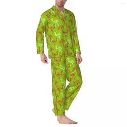 Men's Sleepwear Flamingo Bird Pajamas Man Green And Pink Striped Lovely Room Autumn 2 Piece Casual Loose Oversize Pattern Pajama Sets