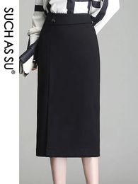 SUCH AS SU Skirts Spring Summer Women Black Knitted High Waist Wrap Skirt S-3XL Size Mid Long Pencil Skirt Female 240108
