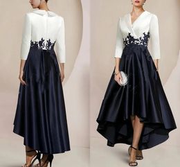 Elegant White Black Mother of the Bride Dress V-Neck 3/4 Sleeves Satin Lace Appliques A-Line Wedding Guest Party Skirt for Women