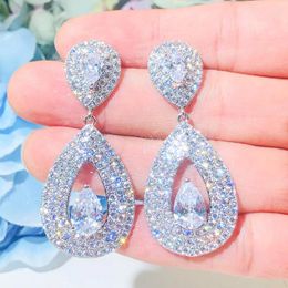 Dangle Earrings QooLady Shiny Elegant White Waterdrop Full CZ Gold Colour Dangling Earring Cocktail Party Jewellery Women Clothing Accessories