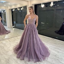 2024 Evening Wear Dusty Pink For Women Spaghetti Straps Illusion Ball Gown Crystal Beads Tulle Formal Gowns Special Ocn Dresses Prom Party Dress