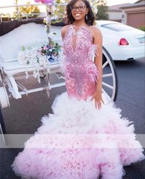 Pink Crystal Beaded Prom Dresses 2024 For Black Girls Rhinestones Diamonds Ruffles Feathers Glitter Birthday Party Gown