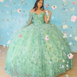 Sage Green Off The Shoulder 15 Quinceanera Dresses Lace Bow With Cape Evening Dresses Puffy Party Dress Crystal Beading Ball Gown