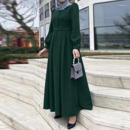 Ethnic Clothing 2024 Abaya Dress For Women Puff Sleeve O-neck Red Green Color Hijab Sundress Elegant Style Kaftan Spring Turkey Dresses