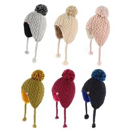 Knitted Winter Hats for Kids Ear Cover Warm Boys Girls Bobble Hat Pompom Wool Blended Velvet Children Cute Fur Ball Padded Caps 240108