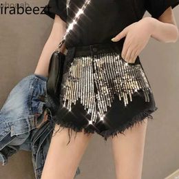 Women's Shorts Women's Shorts Summer Design Sense Spicy Girl High Waist Silver Embroidered Sequin Raw Edge A-Line Denim Hot Pants Lady Clothing YQ240108