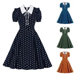 Skirts 2024 Green Vintage Retro 50s 60s Women Dress Polka Dots Printed Short Sleeve Turn Down Collar Rockabilly A Line Party Jurken