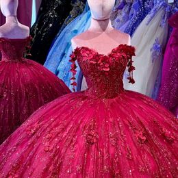 Red Shiny Quinceanera Dresses Sleeveless Crystal Sequined Ball Gown Off The Shoulder Applique Lace Beads Corset Vestidos 15 Para XV