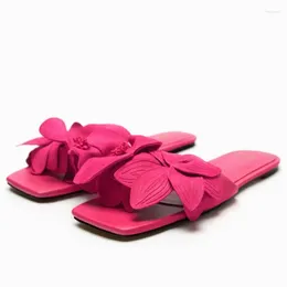 Sandals TRAF Pink Flowers Slippers 2024 Sweet For Women Elegant Summer Square Toe Slides Comfortable Flat Outdoor Casual Flats