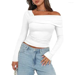 Women's Blouses Women Top Elegant Off Shoulder Ruched Long Sleeve Tops For Classy Commuting Style Slim Fit Comfort Fashionable Crop Shirt